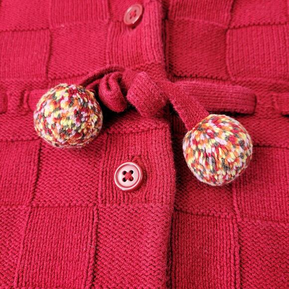 Gymboree Girl's Red Basketweave Button Front Sweater Holiday Pom Poms sz Small - Picture 3 of 10
